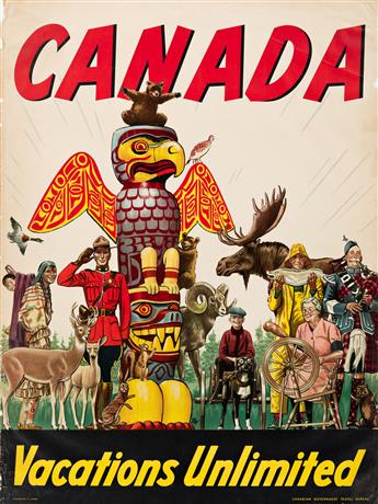 DESIGNER UNKNOWN.  CANADA / VACATIONS UNLIMITED. Circa 1949. 40x30 inches, 101½x76¼ cm. Canadian Government Travel Bureau.